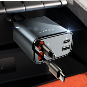 LISEN 4 in 1 Retractable iPhone Car Charger Cigarette Lighter Adapter [69W], Fast Charge USB C Car Charger Adapter with Retractable Cord Cable, Car Organization for iPhone 15 Pro Max Plus 14 13 12