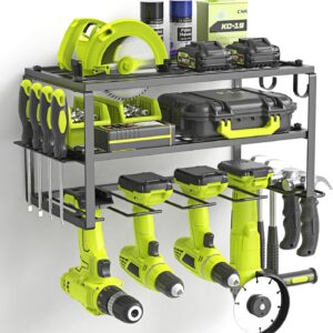 Power Tool Organizer, Heavy Duty Iron, 3 Layers Storage Rack with 4 Drill Holders, Floating Tool Shelf Wall Mounted, Matte Black, Work Shop, Garage, 150Lbs Load Capacity